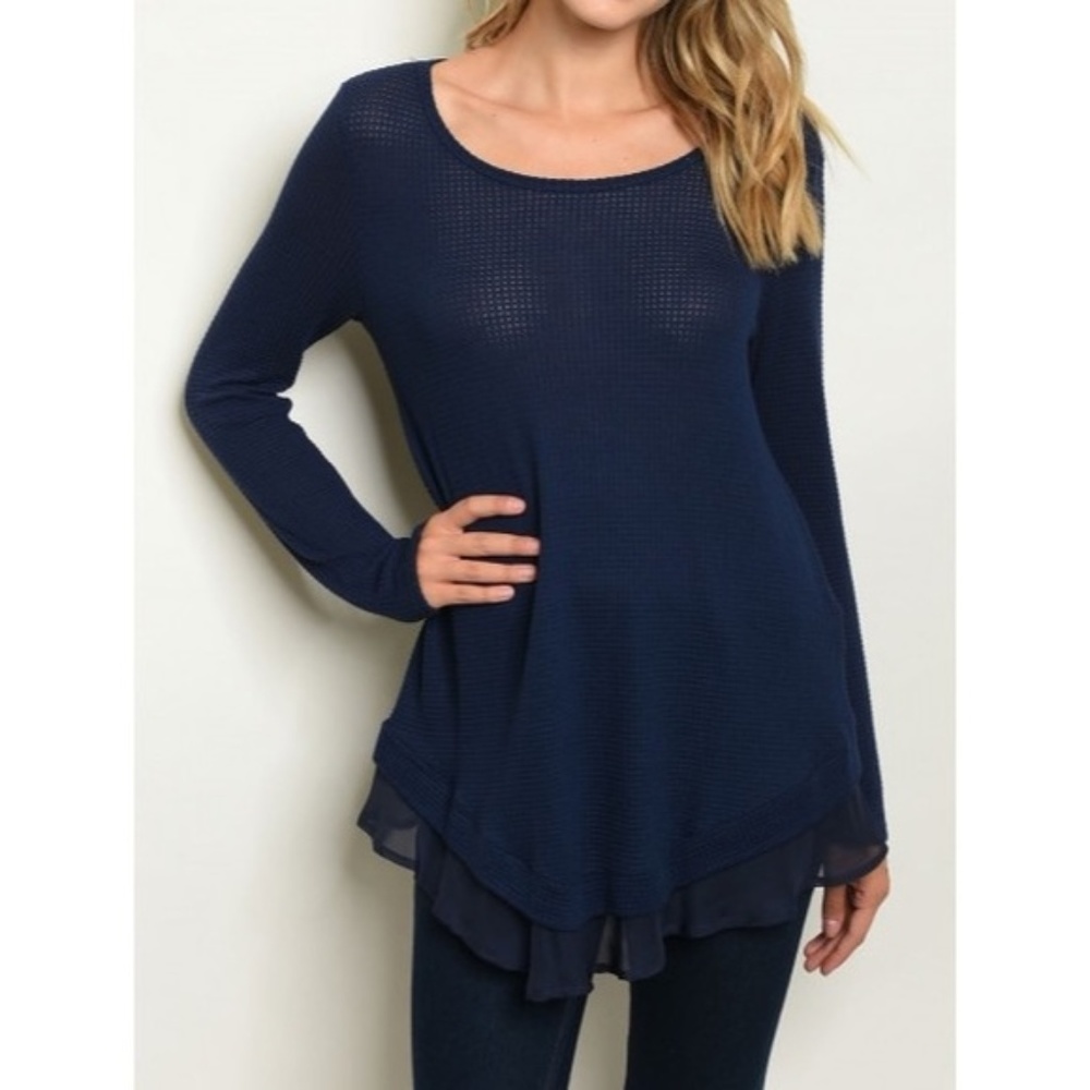 Women's Navy Knit Tunic Top with Chiffon Accent